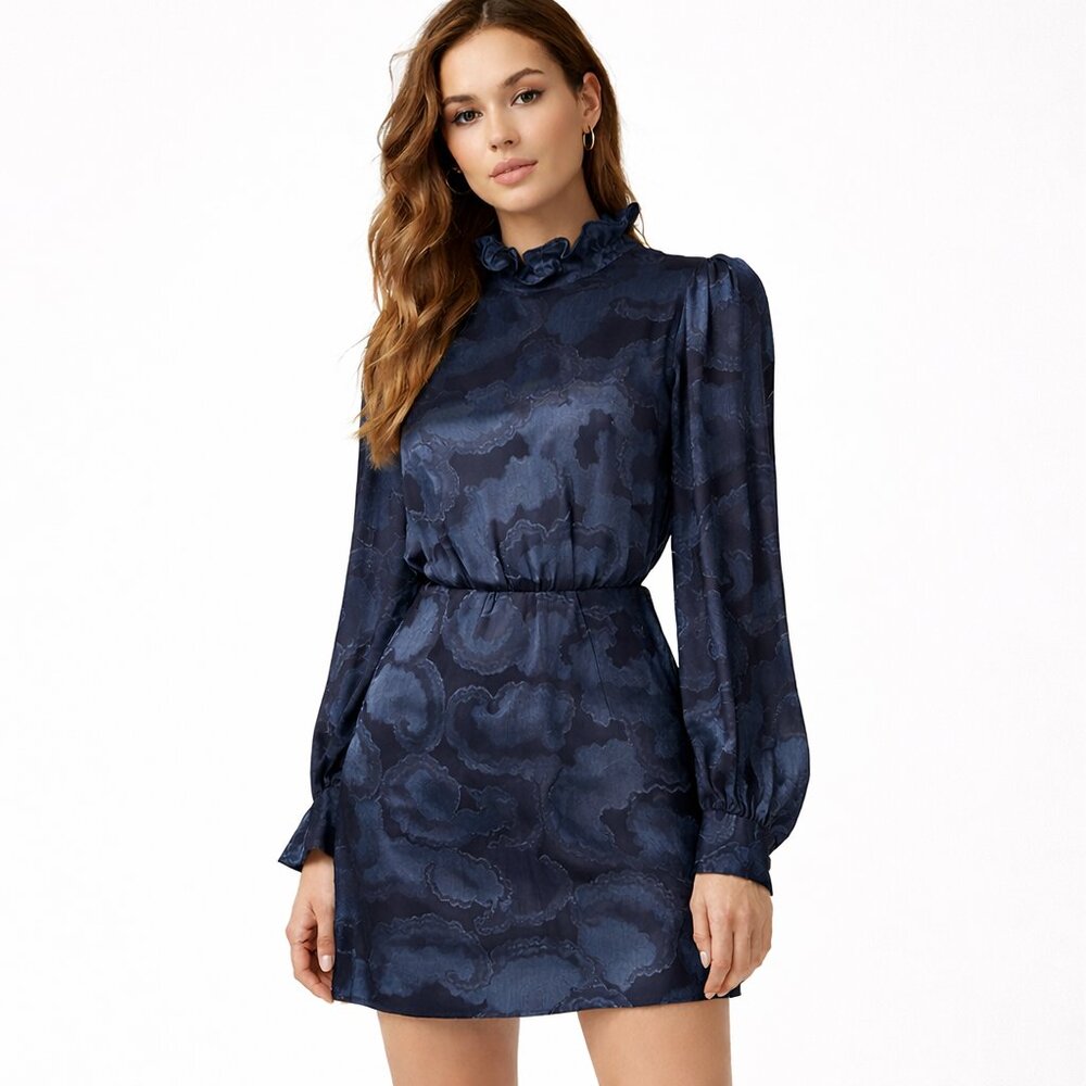 Saloni Rina-B Silk Blend Jacquard Mini Dress Dark Navy US 2